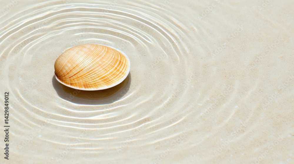 Poster a clam shell rests on the water's surface, creating gentle ripples on the sandy bottom in a serene e