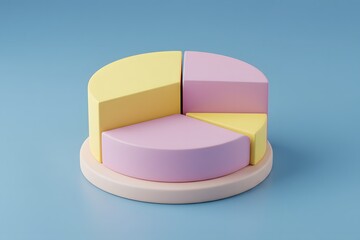 Pastel pie chart, circular base,  3D Colorful pie chart model illustrating data representation on a pastel background. yellow pink purple sections, minimalist design