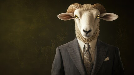 A horned sheep dressed in a neat suit.
