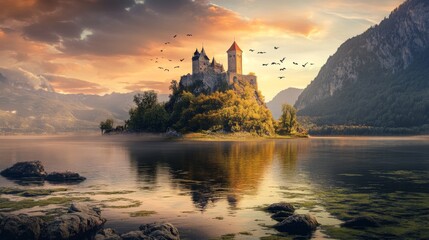 A magical castle sits on a small island, surrounded by a lake and mountains, with birds flying over it. The sunset casts an orange glow on the sky, and the water reflects the castle's image.