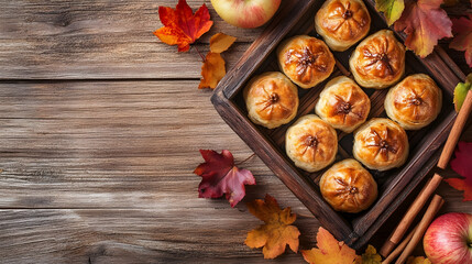Rustic autumn arrangement with baked apple dumplings, leaves, and cinnamon sticks