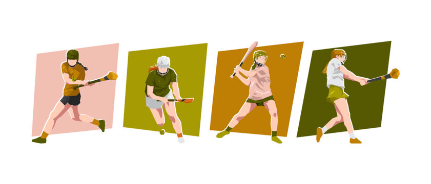 Female hurling athlete characters. Different action, pose. Cartoon flat vector illustration.