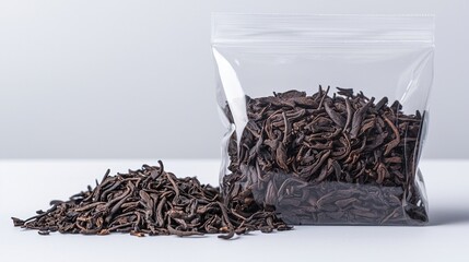 A clear plastic bag filled with loose, dark, dried tea leaves, with some spilling out onto a white surface.