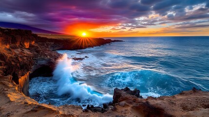 Fototapeta premium Dramatic Ocean Sunset Wave Crashing - Dramatic lighting