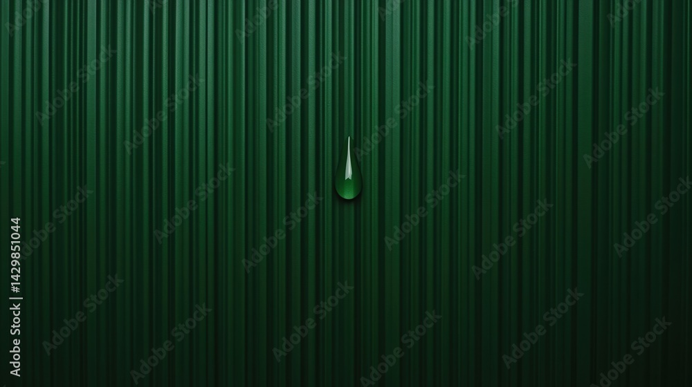 Poster a close-up of a green textured surface with a single water droplet hanging from it, creating a contr