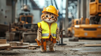 A project worker cat dressed in full personal protective equipment (PPE).