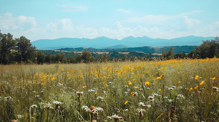 Obraz premium Picturesque wildflower meadow with mountain backdrop on a sunny summer day