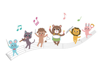 五線譜の上で楽器を演奏しながらパレードする動物たち