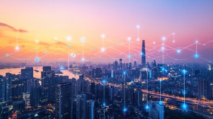 Fototapeta premium A futuristic cityscape, illuminated by a vibrant sunset.