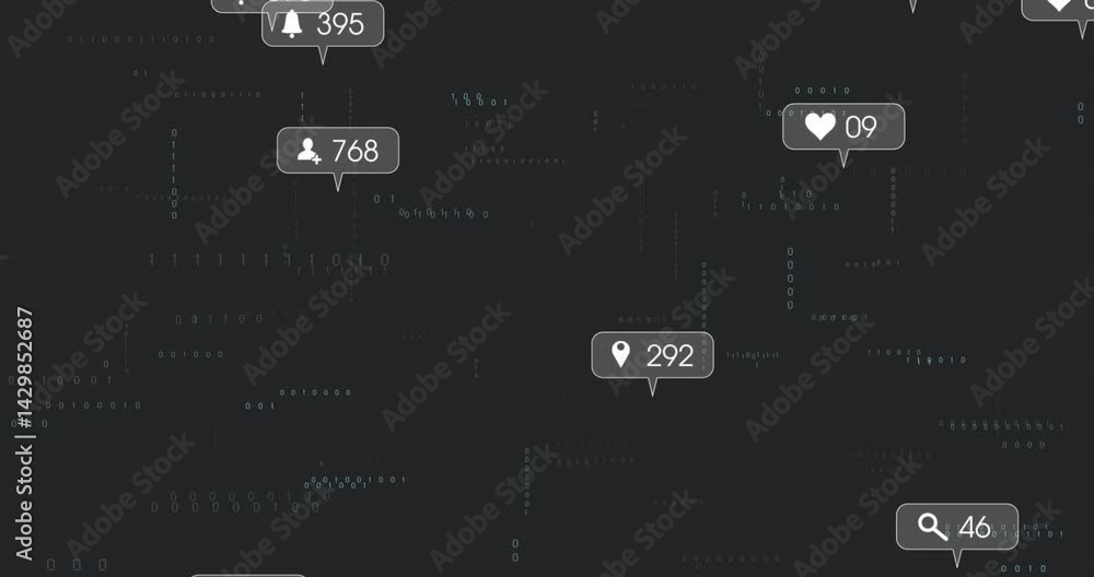 Poster floating media notifications being displayed over binary code background in flat design with counts