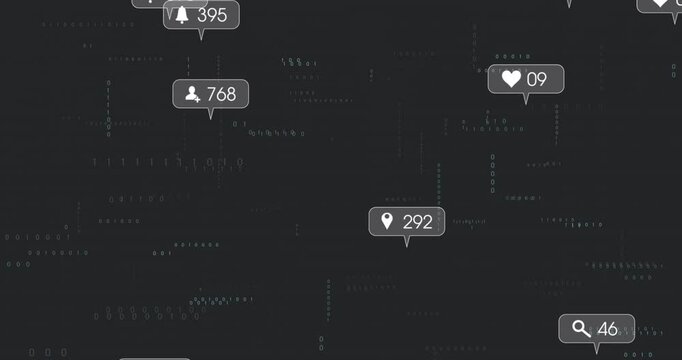 Floating media notifications being displayed over binary code background in flat design with counts