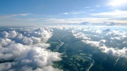 River View from Airplane Cumulus Clouds, Green Fields, and River from Above