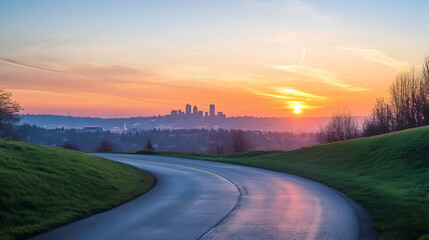 Obraz premium Panoramic cityscape view from a winding road during vibrant golden hour landscape