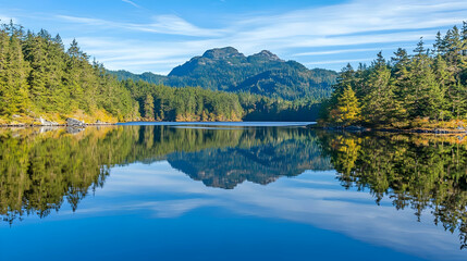 Serene lake reflection with evergreen forests and distant mountain peak