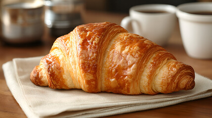 Fresh croissant placed on soft white cloth beside a cup of hot coffee, cozy breakfast setup with warm tones, minimal aesthetic, inviting morning vibes, simple and elegant food styling.

