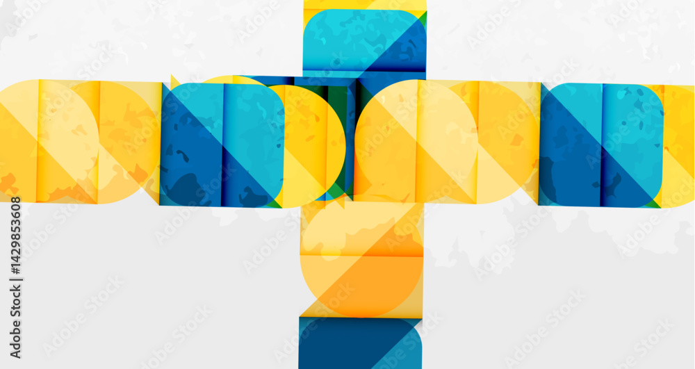 Leinwandbilder Abstract geometric design. Overlapping shapes create cross pattern using yellow, blue hues. Modern, vibrant visual composition.