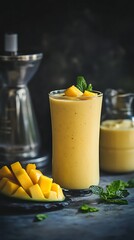Mango Smoothie in Glass with Mango Slices and Mint Leaves on a Dark Textured Table