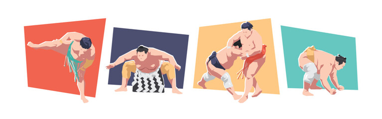 Sumo athlete character set. Martial arts, traditional, japan theme. Flat vector illustration.