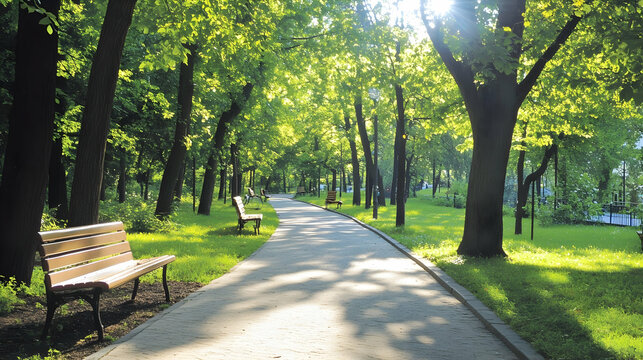 Tranquil pathway through a sun-drenched park, lined with trees and benches