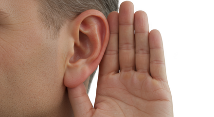 Person listening with hand on ear on transparent background