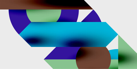Abstract composition. Geometric shapes overlap, creating vibrant color gradients. Blue dominates, accented by green, purple, brown tones. Modern design.