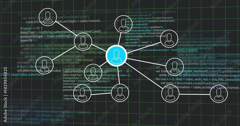 Poster animating network visualization on code grid background, linking central blue icon with white nodes