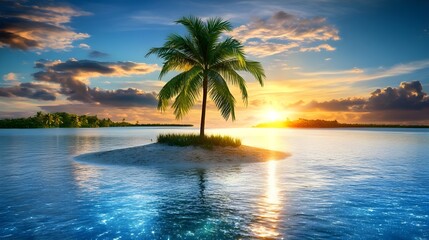 Fototapeta premium Tropical Sunset Paradise Island Palm Tree - Vibrant Color Palettes