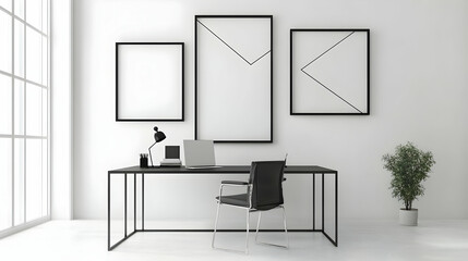 Minimalist home office interior with modern desk setup and blank wall art mockup