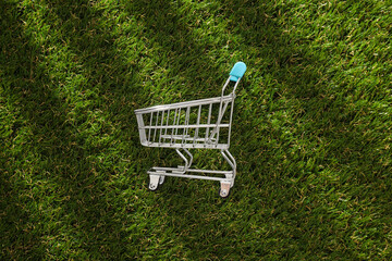 A metal shopping cart on the grass.