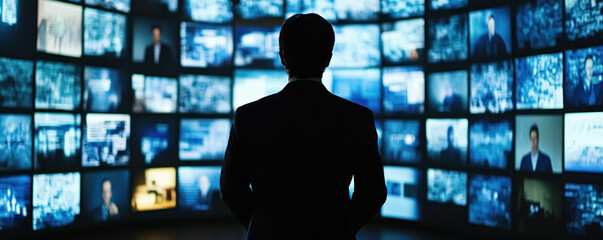 A man stands in front of a wall of television screens. The screens are all turned on and show different images. The man is looking at the screens, possibly monitoring or analyzing the content