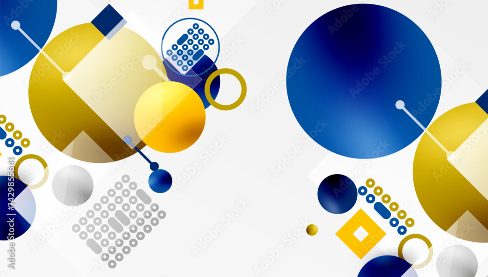 Poster abstract geometric composition. circles, squares, dots create modern visual pattern. yellow, blue, g