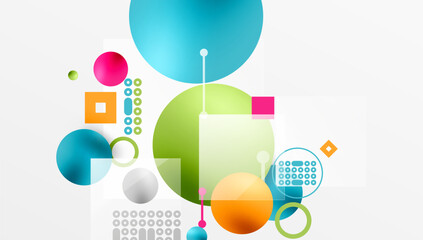 Abstract colorful shapes overlap. Circles, squares, dots create modern design. Light background enhances vibrant hues.