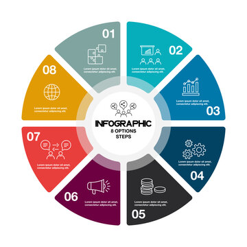 Circle chart infographic template with 8 options for presentations. Vector illustration Eps