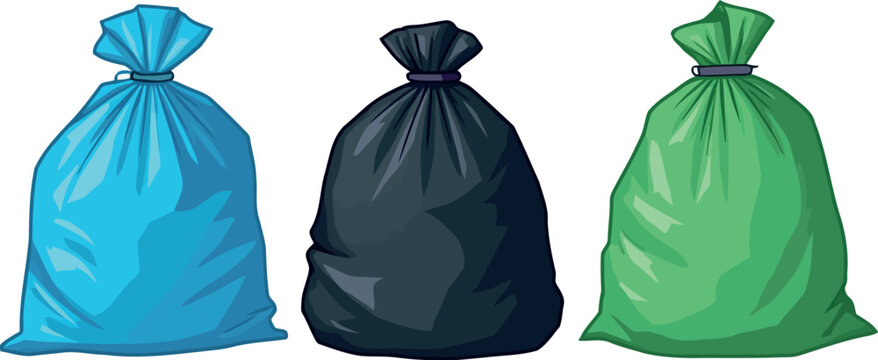  three distinct, full plastic trash bags standing side-by-side against a plain white background. 
