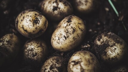Obraz premium Freshly harvested potatoes covered in soil.