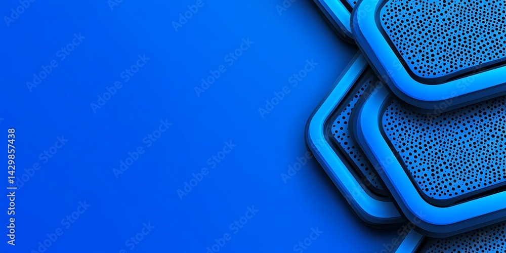 Poster dynamic arrangement of perforated blue forms on gradient backdrop artwork