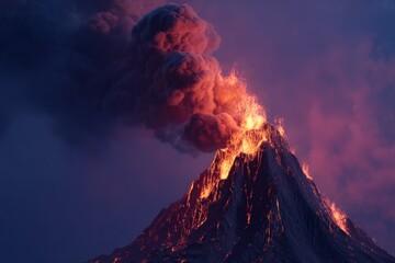 Fototapeta premium Erupting Volcano with Lava Flowing down the Mountain Side with Heavy Smoke