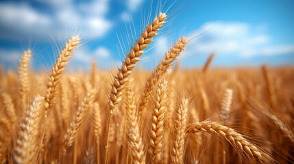 Fototapeta premium Golden wheat fields basking under the warm sunlight, with tall stalks gently swaying in the breeze. The vibrant yellow hues create a peaceful, rural landscape, perfect for agriculture-themed imagery.