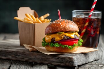 Delicious Burger with French Fries and Cola Drink on Rustic Wooden Tabletop