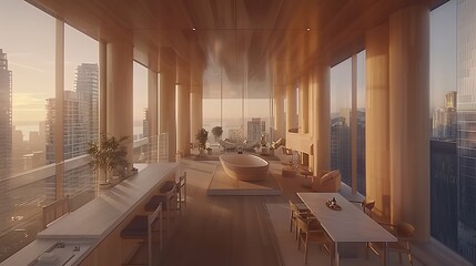 Luxurious High-Rise Apartment Interior with Panoramic City Views and Modern Design