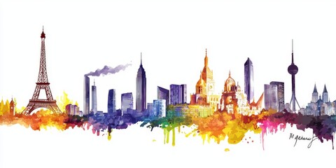 Vibrant Watercolor Cityscape Featuring Famous Landmarks and Architectural Wonders