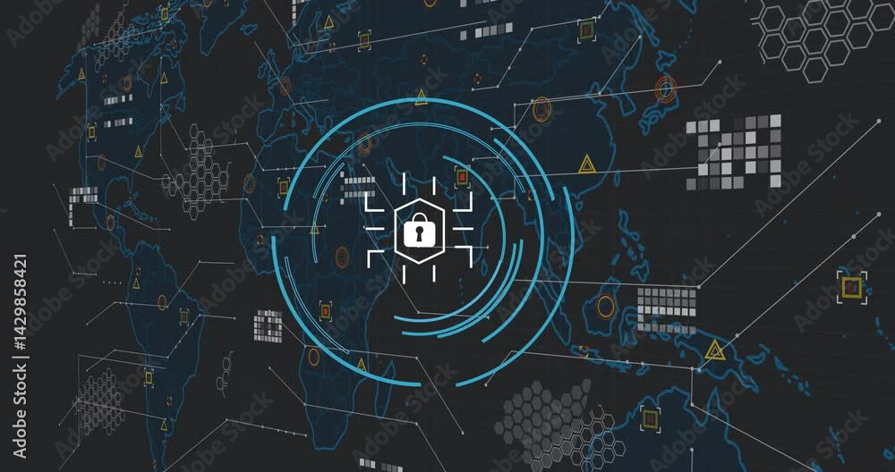 Poster data security being visualized on digital interface, featuring padlock shield and neon map outlines