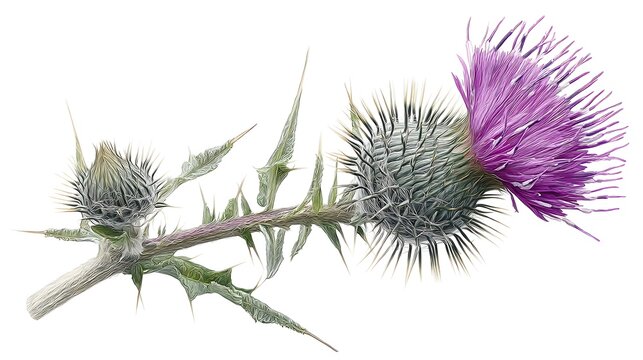 Spiky Thistle Plant With Purple Flower Against Transparent Background