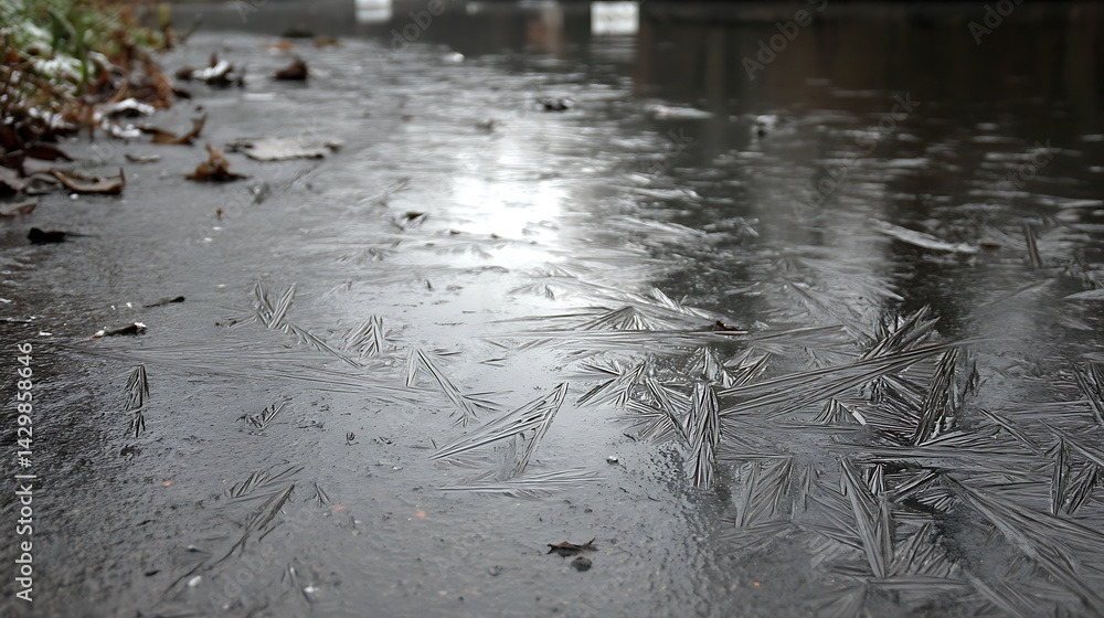 Poster frozen canal surface with intricate ice patterns