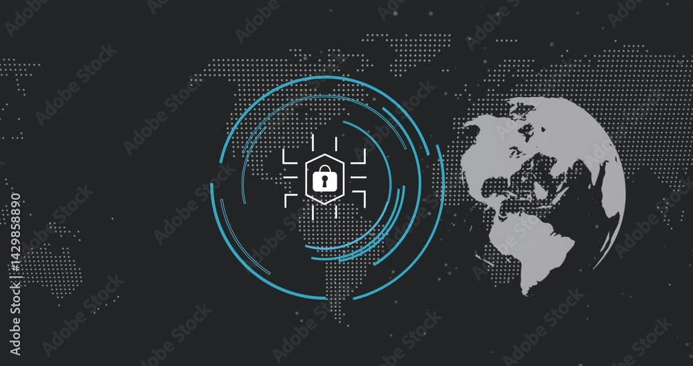 Poster security padlock glowing within hexagon, circuit lines extending over dotted map with blue arcs