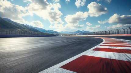 Asphalt race track curving right with mountain background under sunny sky.