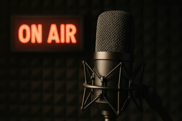 Professional microphone in a radio studio with glowing on air sign