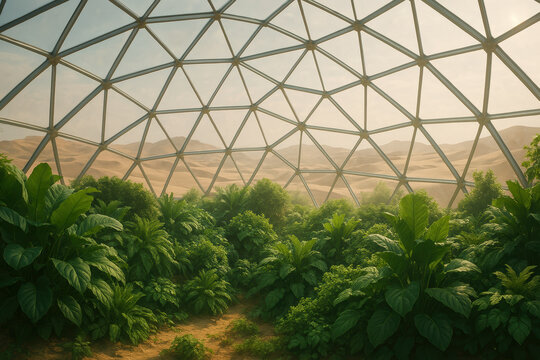 Lush greenery inside geodesic dome in desert landscape