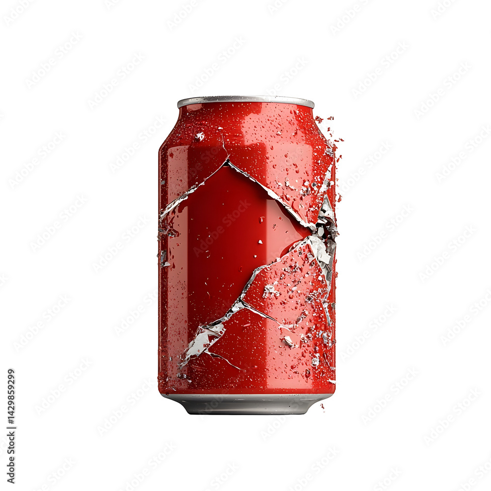 Poster a crumpled red soda can lying horizontally on a clean white background with liquid splashing and spi