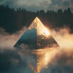 Golden pyramid floats on a misty lake surrounded by a forest at dawn